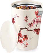 Cherry Blossom Kati Cup Double-Walled Ceramic Tea Cup with Removable Stainless Steel Infuser Basket and Lid, Steeps 12 oz Loose Leaf Tea, Lid and Cup Dishwasher & Microwave Safe