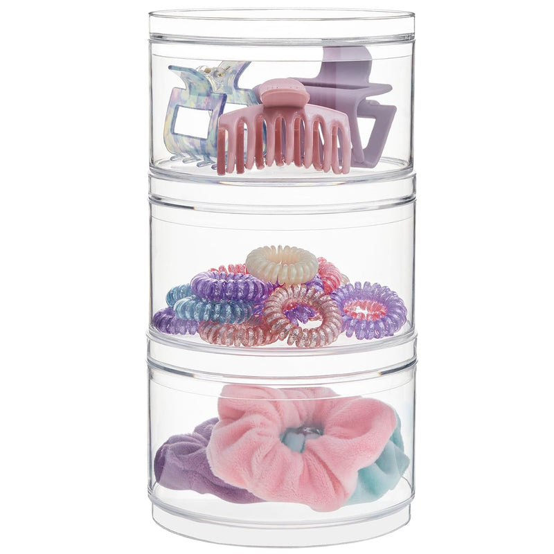 Bella Stackable Clear Plastic Container (Set of 3) Round Vanity Storage Organizers with Lids for Hair Accessories & Beauty Supplies | Made in USA