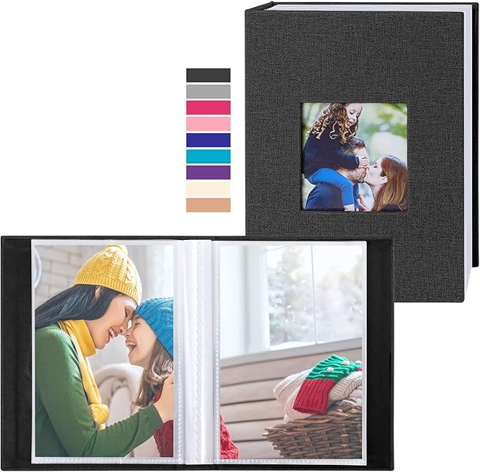 Photo Album 4x6 50 Pockets 2 Packs, Small Mini Capacity Linen Photo Album Bulk Sets, Each Pack Holds 50 Top Loader Vertical Only Picture for Kids Boy Girls Black