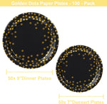 Round Disposable Paper Plates for All Occasions Golden Dots Paper Plates - 100 Pack - 50 x 9" and 50 x 7" Dinner Plates, Foil Polka Dots Disposable Paper Plates Black and Gold Party Supplies Plates