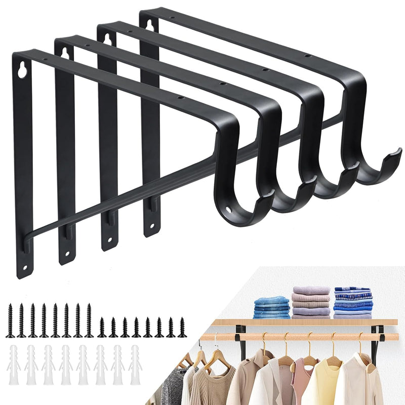 4 Pack Closet Rod Brackets, Heavy Duty Closet Shelf & Rod Brackets Black Closet