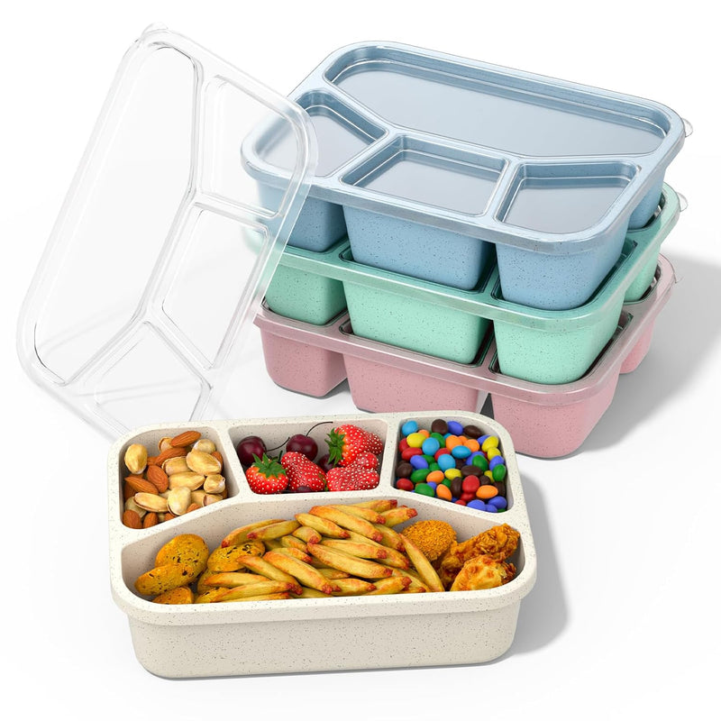 Bento Box Adult Lunch Box (4 Pack), 4-Compartment Meal Prep Container for Kids, Reusable Food Storage Containers with Transparent Lids, No BPA, Microwaveable (Wheat (Green/Blue/Pink/Beige))