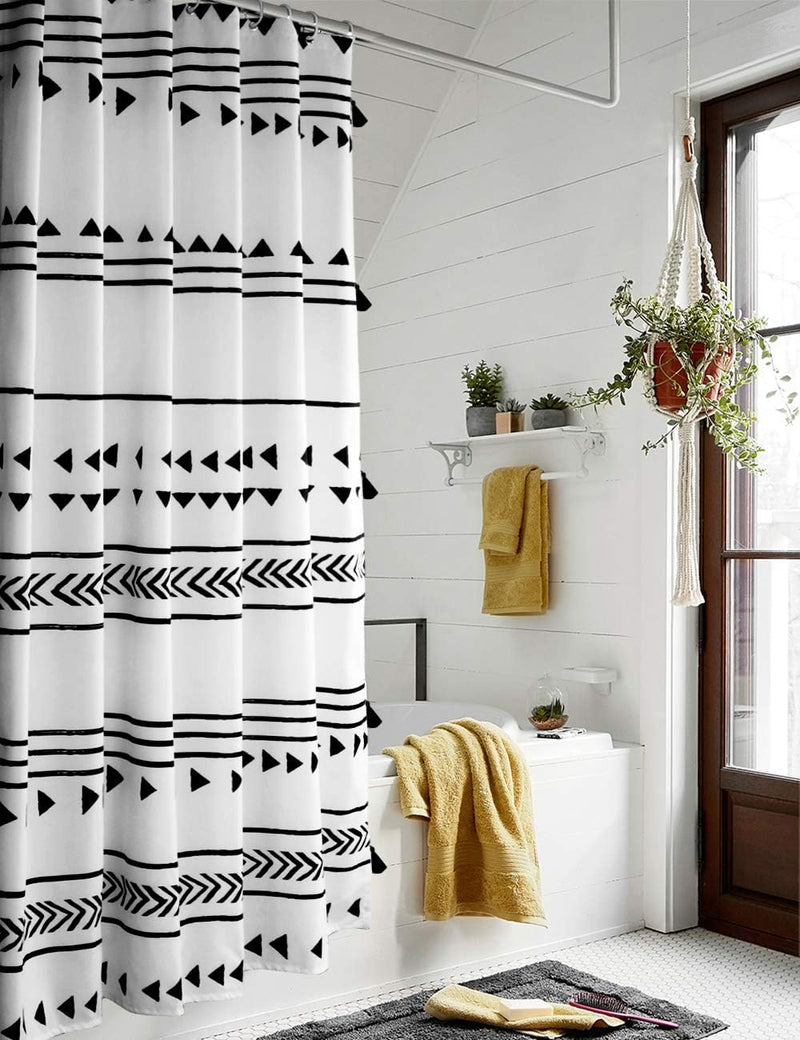 72x72 Boho Shower Curtain Black and White Fabric Bathroom Curtains Set with Hooks, Chic Triangle and Geometric Tassel Bath Curtain, Heavy Duty and Waterproof for Modern Hotel Decor