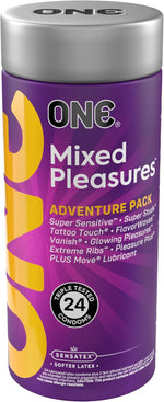 Condoms Mixed Pleasures™ Variety Pack | Ultra Thin, Glowing, Flavored, and Textured Condoms | 24 Count