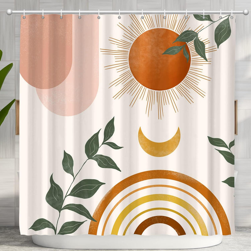 Mid Century Abstract Boho Orange Aesthetic Shower Curtain Set, Spring Summer Pink Green Nature Leaf Sun Modern Minimalist Home Bathroom Curtain Decor with 12 Hooks 72x72 Inches