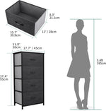 Storage Tower with 4 Drawers - Fabric Dresser, Organizer Unit for Bedroom, Living Room, Closets - Sturdy Steel Frame, Easy Pull Fabric Bins & Wooden Top (Black/Grey)