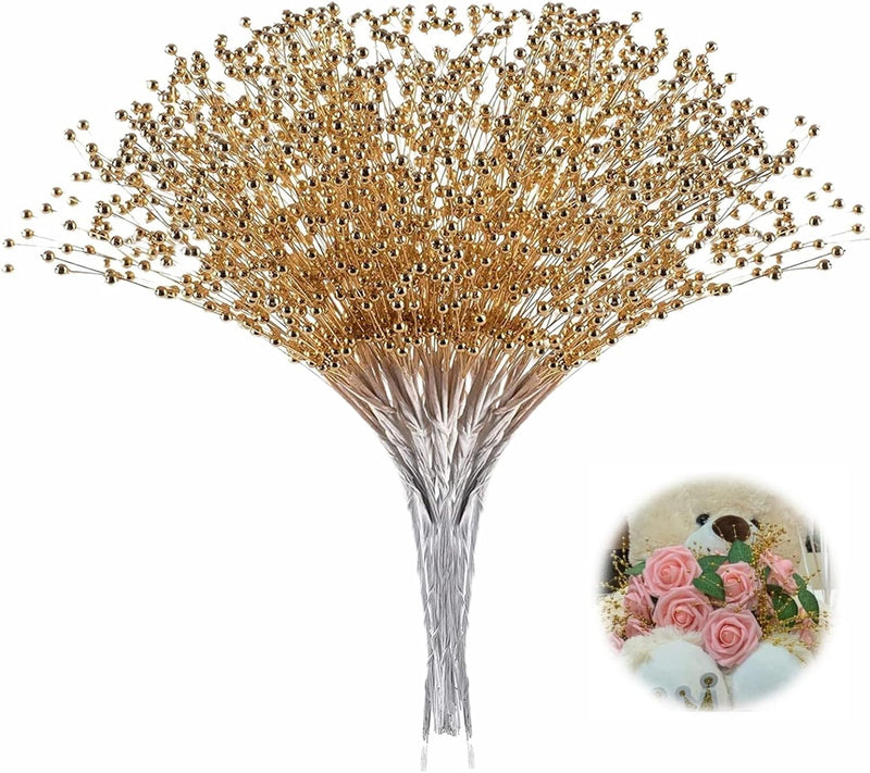 100Pcs Pearl Bouquet Party Decoration Pearl String Beaded Garland – 4mm Beads Garlands for Christmas Decoration Wedding Party Decoration, Christmas Floral Picks(Gold)