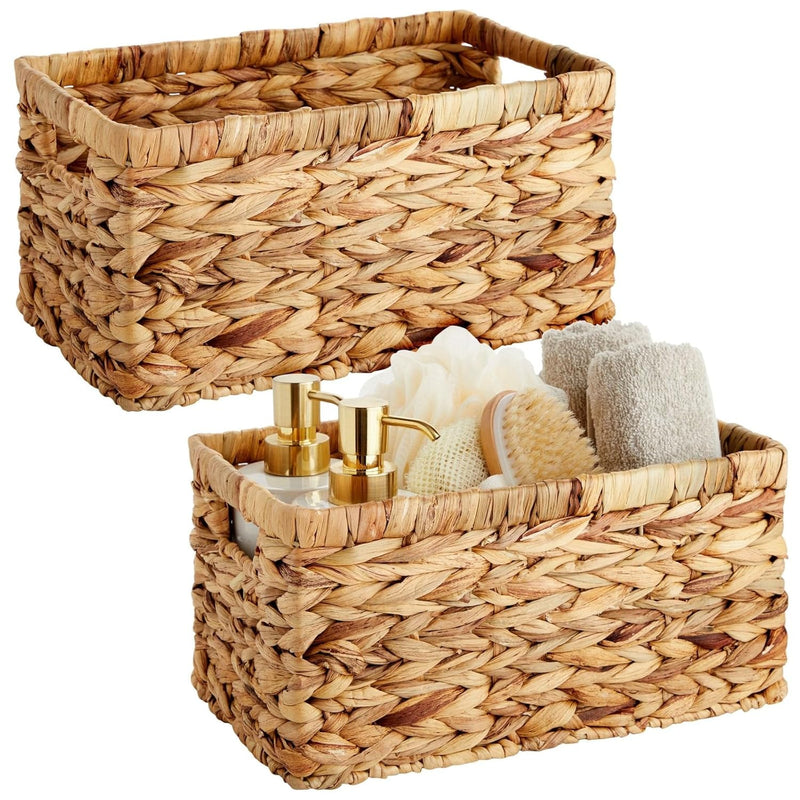 2 Pack Small Rectangular Wicker Baskets For Shelves, 6 Inch Wide Hand Woven Wate