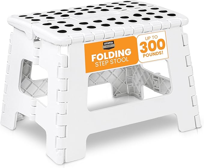 Home Folding Step Stool - (Pack of 1) Foot Stool with 9 Inch Height - Holds Up to 300 lbs - Lightweight Plastic Foldable Step Stool for Kitchen, Bathroom & Living Room (White)