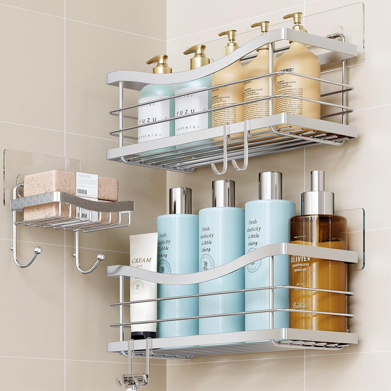 Shower Caddy 3 Pack-Shower Organizer Shelves Rack Rustproof SUS304 Stainless Steel for Bathroom Storage&Kitchen-No Drilling Adhesive Shower Caddy Shelf with 4 Hooks Suction Cup-Silver