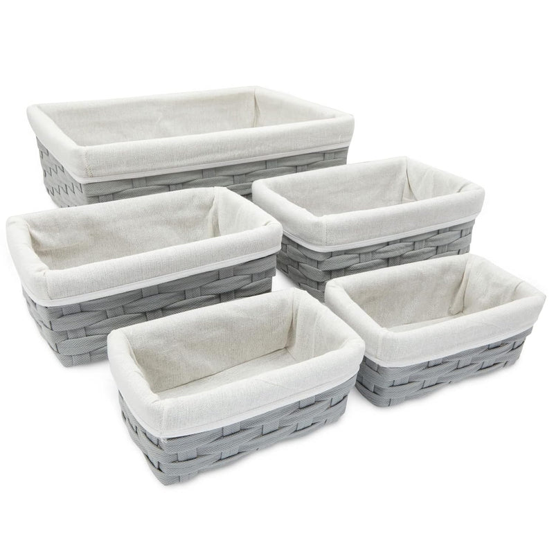 5 Pack Wicker Nesting Baskets With Cloth Lining For Pantry Shelves, Rectangular