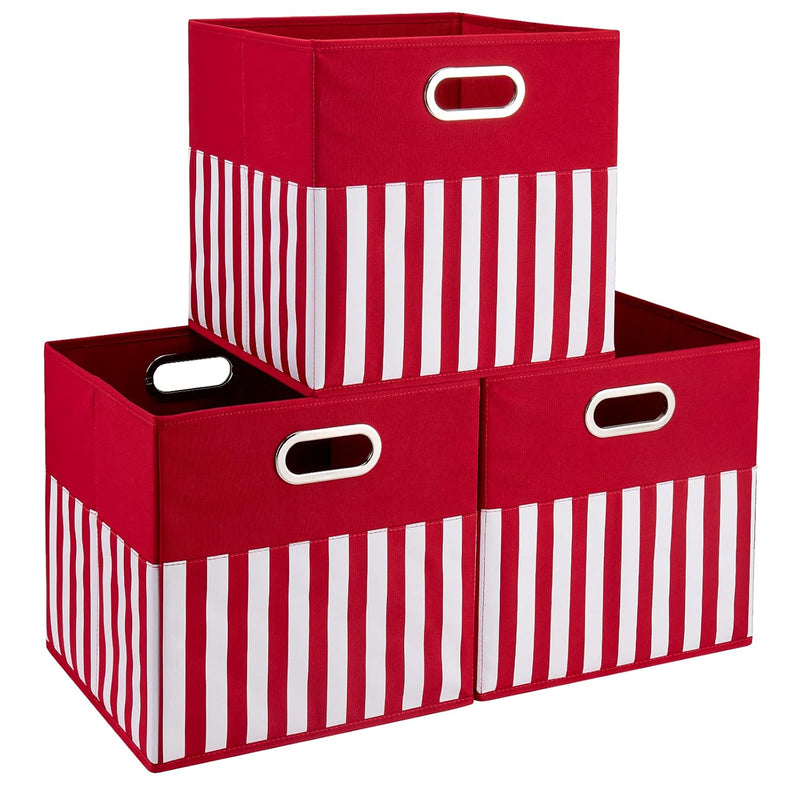 Fabric Storage Cube Bins 13X13X13 Inch Foldable Boxes Red Cloth Basket With Whit