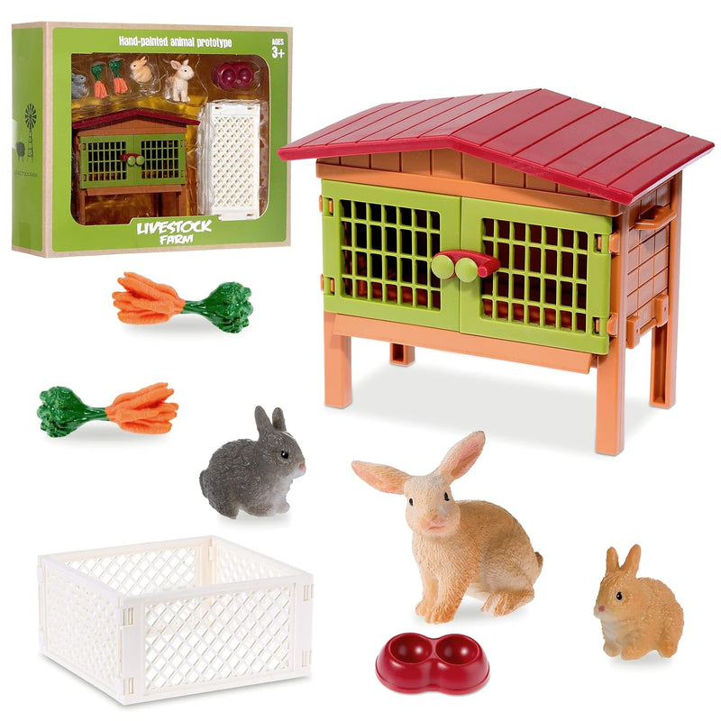 11 Pieces Farm World Set Easter Bunny Hutch Bunny Toy Animal Figures Barnya