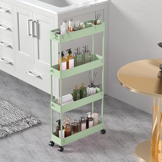 Slim Storage Cart 4 Tier,Bathroom Organizer Rolling Utility,Mobile Shelving Unit Slide Out for Office, Kitchen, Laundry Room & Narrow Places,Black