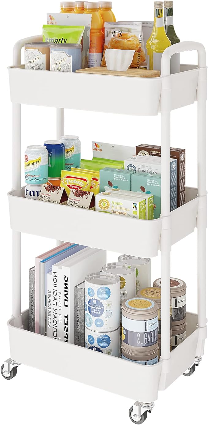 3-Tier Storage Cart,Multifunction Kitchen Storage Organizer,Mobile Shelving Unit Utility Rolling Cart with Lockable Wheels for Bathroom,Laundry,Living Room,With Classified Stickers,White