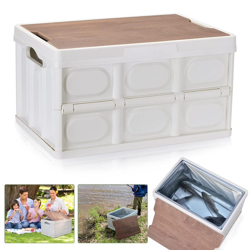 55L Collapsible Storage Bin,Folding Storage Bins With Wooden Lid And Waterproof