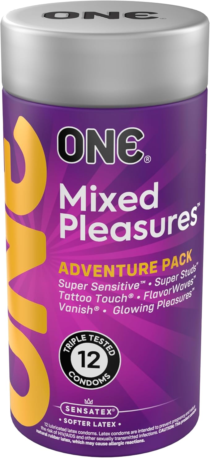 Condoms Mixed Pleasures™ | Variety Condom Pack | Thin Condoms, Glow in The Dark Condoms, Studded Condoms | 12 Pack