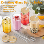 4PCS Glass Cups with Bamboo Lids and Straws, 16OZ Ice Coffee Cup, Drinking Cup set with Wooden Lids, Home Essential Glass Tumblers for Beer, Cocktail, Tea and Latte Clear