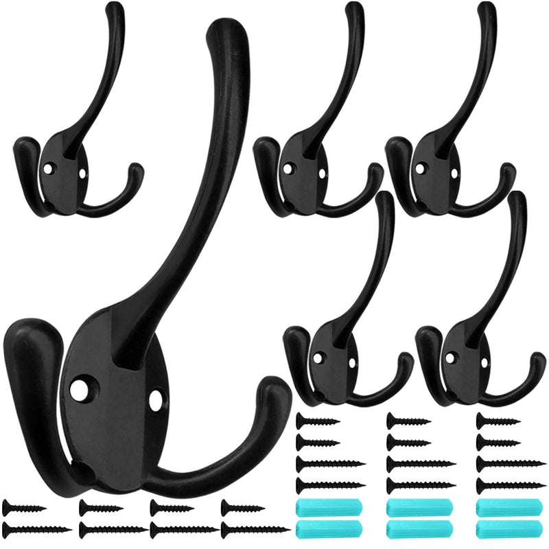 6 Pack Big Heavy Duty Three Prongs Coat Hooks Wall Mounted With 24 Screws (Two T