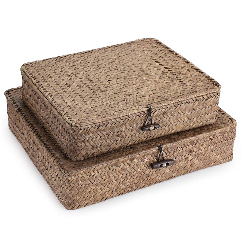 Set Of 2 Flat Woven Wicker Storage Bins With Lid Natural Seagrass Basket Multipu