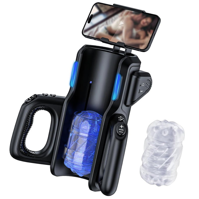 Sex Toy Automatic Male Masturbator - Men Electric Adult Sex Machine With 12Times/S Thrusting, Hand Free Penis Training Stroker With Phone Holder And 2 Soft Silicone Pocket Pussy, Powerking