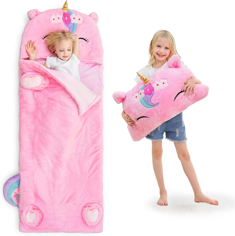 Kid Sleeping Bag, Toddler Girl Boy Nap Mat, Plush Unicorn Dinosuar Slumber Bag 2 In 1 Pink Pillow Daycare Preschool Kindergarten Birthday Gift Travel Sleepover 3 4 5 6 7 8 10 12 Yr Child