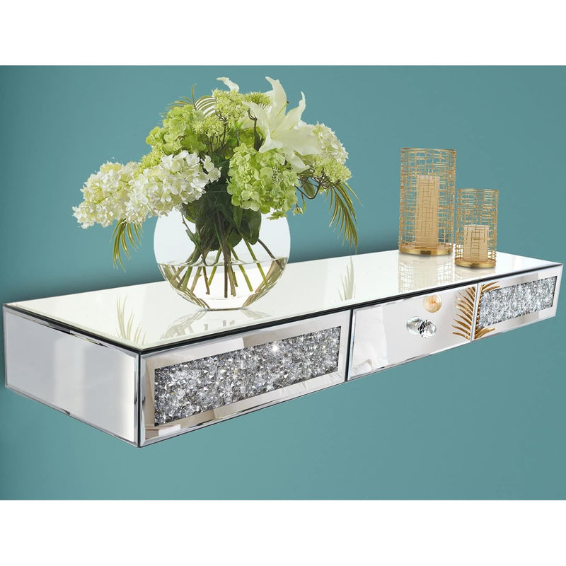 Mirrored Furniture Wall Shelf With Drawer, Crystal Diamond Floating Showcase, Si