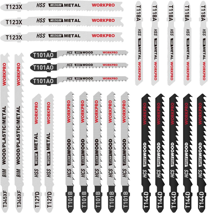 25-Piece T-Shank Jig Saw Blade Set with Storage Case, Made with HCS/HSS/BIM, Assorted Blades for Wood, Plastic and Metal Cutting