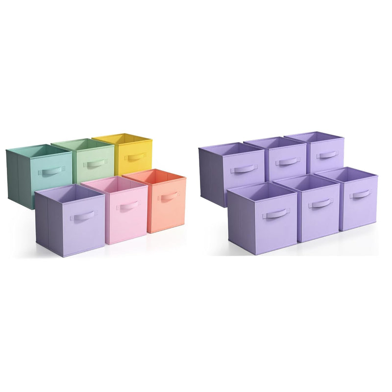 11 Inch Cube Storage Bins Bundle - Set Of 6 Pastel Rainbow Bins & Set Of 6 Purpl