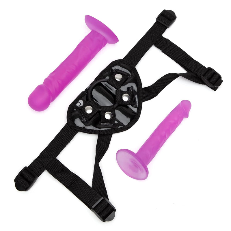 Strap On Dildo Harness Kit - 2 Realistic Strap On Dildos For Pegging - 6 Inch & 8 Inch Dildos With Flared Bases - Includes 3 O-Rings & Adjustable Harness - Waterproof - Purple