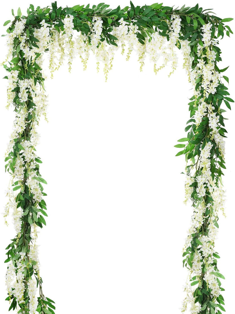 2Pcs 6Ft/Piece Artificial Flowers Wisteria Garland Artificial Wisteria Vine Hanging Flower Greenery Garland for Home Garden Outdoor Wedding Arch Floral Decor (White)