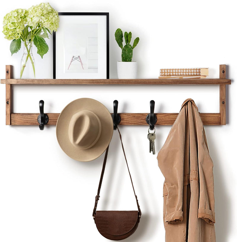 29'' Coat Rack Wall Mount with Shelf, Wood Wall Hooks with Storage, Entryway Shelf with 5 Hangers for Bathroom, Living Room, Bedroom, Rustic Brown