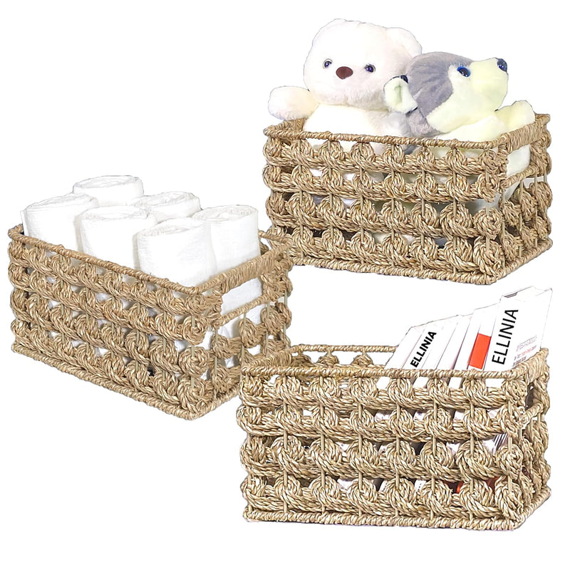 Wicker Storage Basket, Seagrass Basket For Organize, Handwoven Rectangular Baske