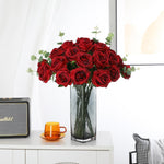 Red Roses Artificial Flower, 12Pcs Realistic Long Single Stem Fake Silk Red Roses Bouquet for Party Home Wedding Centerpiece Hotel Office Christmas Decor（Burgundy）