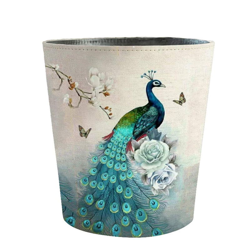 10L/2.64 Gallon Pu Leather Trash Can Peacock Decorative Waterproof Wastebasket P