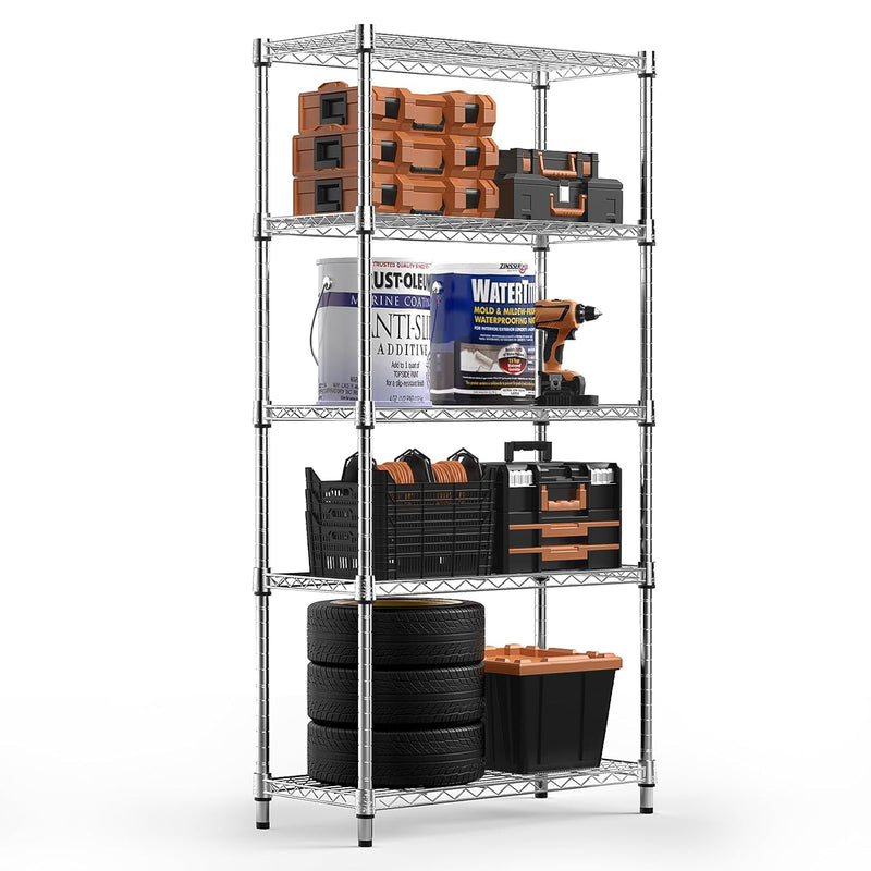 MZG Steel Heavy Duty 5-Tier Utility Shelving Unit Steel Organizer Wire Rack for Home,Kitchen,Office,Chrome (13.7" D x 23.6" W x 62.4" H)