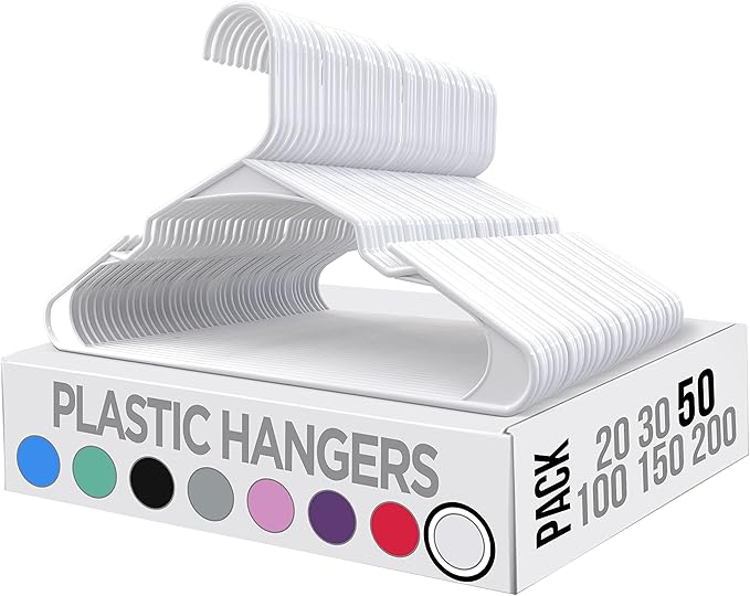 50-Pack Plastic Clothes Hangers - Space Saving with Shoulder Grooves, White