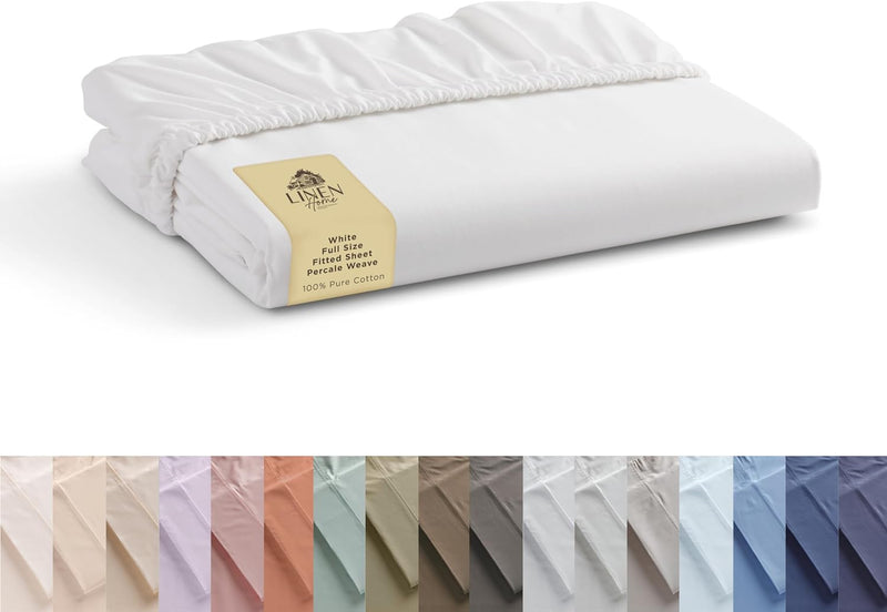 100% Cotton Percale Fitted Sheet Full Size, White, 1 Deep Pocket Fitted Sheet, Crisp and Cool Strong Bed Linen, 54"X75"+15"