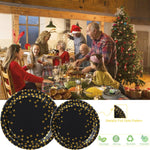 Round Disposable Paper Plates for All Occasions Golden Dots Paper Plates - 100 Pack - 50 x 9" and 50 x 7" Dinner Plates, Foil Polka Dots Disposable Paper Plates Black and Gold Party Supplies Plates