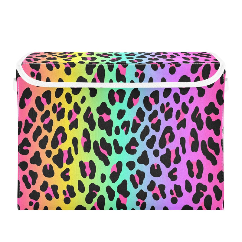 Large Collapsible Storage Bins With Lids, Rainbow Leopard Animal Storage Baskets