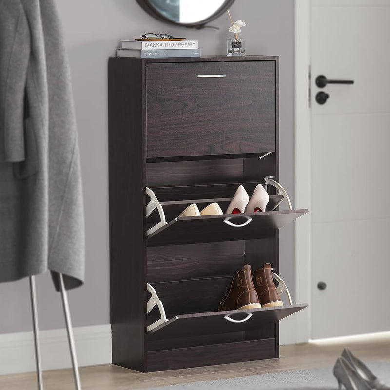 Fsr110-Br, Brown Shoe Cabinet With 3 Flip Drawers, Freestanding Shoe Rack, Shoe