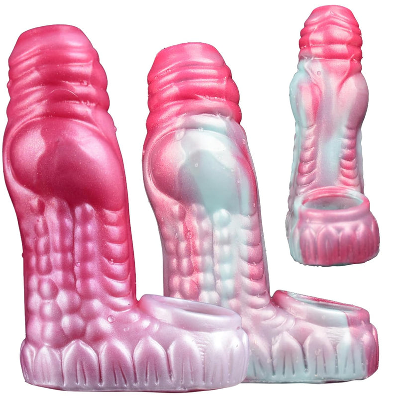 Silicone Dog Knot Penis Sleeve, Variety Of Protruding Design Couple Adult Game Sex Toys Men Wearing Half Sleeve Penis Rings 5.31 Inch Thickening Animal Dildo Hollow Set (Pink&Green)