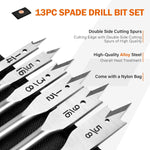 13-Piece Spade Drill Bit Sets, Alloy Steel Paddle Flat Bit with Quick Change Shank, Flat Wood Hole Cutter Fit for Woodworking, Assorted Bits with Nylon Storage Pouch, 1/4" to 1-1/2"