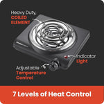 Countertop Single Coiled Burner Electric Hot Plate, Temperature Control, Indicator Light, Easy to Clean, Black