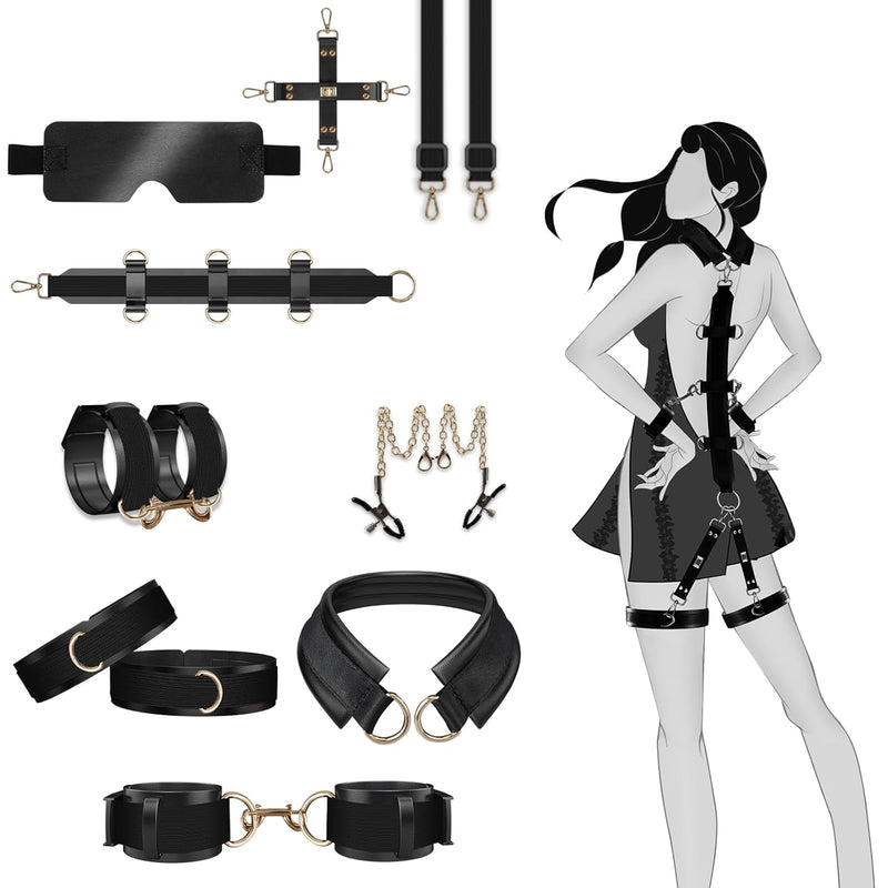 Sex Toy Bdsm Restraints, 9 Pcs Bondage Set, Adult Toy Bdsm Kit For Beginner And Advanced, Adult Game With Leather Texture Handcuffs, Collar, Ankle Cuff, Blindfold, Nipple Clamp For Couples Sex Play