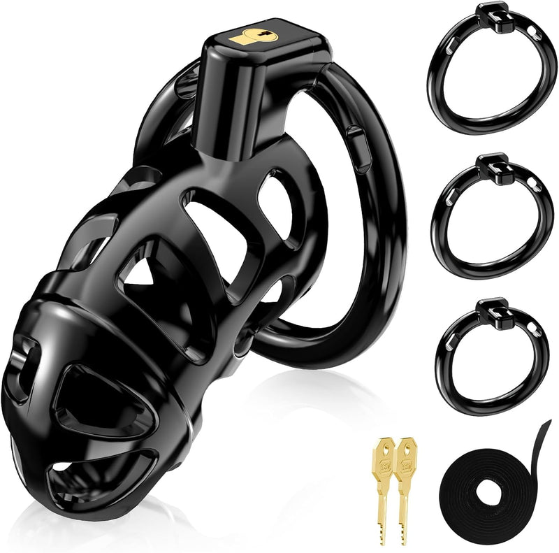 Adjustable Metal Chastity Cage – Secure Locking Device with 3 Ring Sizes & Belt