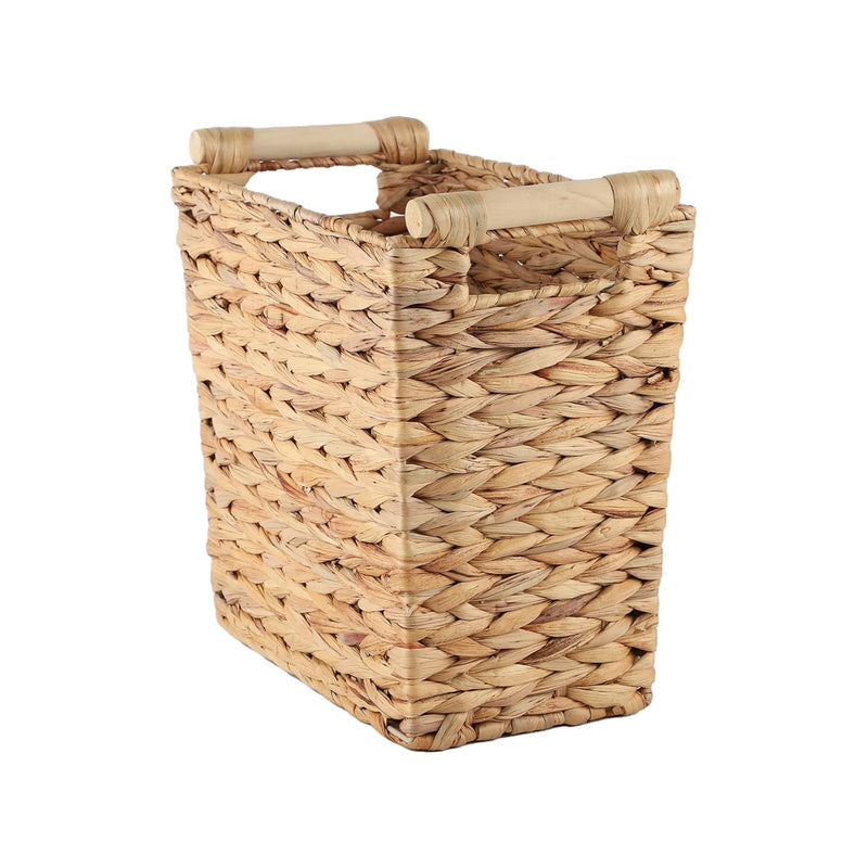 Wicker Waste Basket With Wood Handles, Woven Water Hyacinth Trash Can For Sundri