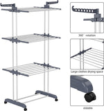 Clothes Drying Rack, Oversized 4-Tier(67.7" High) Foldable Stainless Steel Movable Drying Rack with 4 castors, 24 Drying Poles & 14 Hooks for Bed Linen, Clothing, Grey