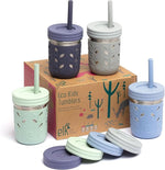 Stainless Steel Cups | 10 oz Mason Jar design | Kids & Toddler Cups with Silicone Sleeves & Straws with Stopper | Smoothie Cups