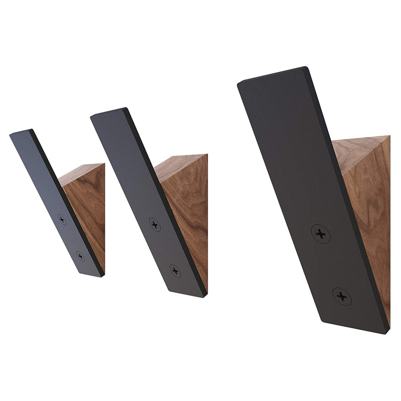 Wall Coat Hook Rack - Set Of 3 - Black Walnut Wood Black Metal Decorative Hat Ho